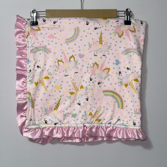 Unicorn Rainbow Pink Minky Baby Blanket with Satin Ruffle Trim - Picture 1 of 4